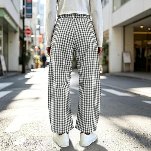Women Barrel Checkered Pants High Waistband Baggy Lounge Trousers Fashion Plaid Wide Leg Pant with Pockets thumbnail 6