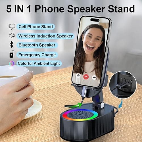 AKLLCCR Wireless Induction Audio Bluetooth Speaker 5in1 Phone Holder Emergency Rechargeable (3000mAh) with Colorful Ambient Light 300° Foldable for Tablet iPhone Android, Gifts for Men Women (Black) thumbnail 3