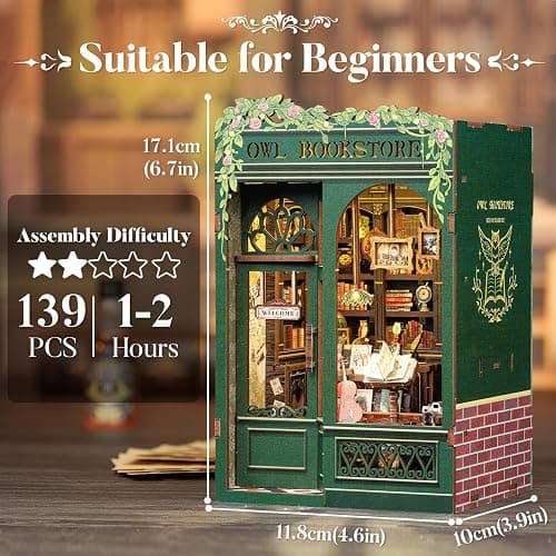 CUTEBEE Book Nook Kit - DIY Miniature House Kit for Adults, Teens and Beginners, Dollhouse Booknook Library Tiny House Bookshelf Decor 3D Wooden Puzzle, Gifts for Family, Friends (Owl Bookstore) thumbnail 4