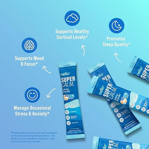 Nello Supercalm Drink Mix with Magnesium Glycinate, KSM 66 Ashwagandha, Vitamin D3 and L Theanine, Calm Powder Supplements for Relaxation Support, No Sugar, Travel Packets, 20 Ct, Blue Coconut thumbnail 3