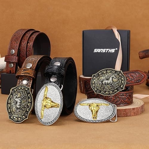 SANSTHS Kids Western Belt for Boys Girls Genuine Leather Cowboy Cowgirl Belts with Detachable Buckle for Jeans Western Gifts thumbnail 6
