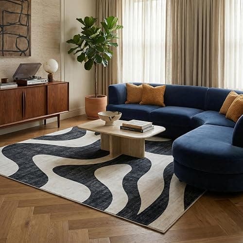 Rug Branch Elliot 7' x 10' (6'7" x 9'6") Black/White Abstract Wave Area Rug, Contemporary, Medium Pile, Stain-Resistant Carpet - Living Room, Bedroom, Dining Room, and Kitchen thumbnail 3