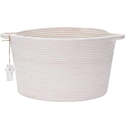 Sea Team Oval Cotton Rope Woven Storage Basket with Handles, Diaper Caddy, Nursery Nappies Organizer, Baby Shower Basket for Kid's Room, 14.2 x 14.2 x 10.2 Inches (Medium Size, White) - Image 1