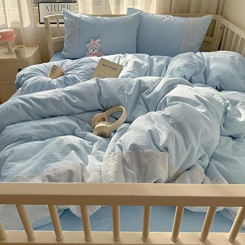 mixinni Blue Gingham Duvet Cover Full Size - 3 Piece Cottagecore Plaid Bedding Set with Lace Trim, Soft Washed Microfiber Vintage Aesthetic Grid Comforter Cover & Pillow Shams, (Blue White Gingham) thumbnail 2