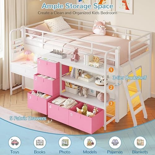 Low Loft Bed Twin Size with Desk, 6 Storage Drawers & Bookshelf, Kids Loft Bed with LED Lights & Under-Bed Play Space, Heavy Duty Metal Bed Frame with 13.8"H Safety Guardrail & Ladder, White and Pink thumbnail 4