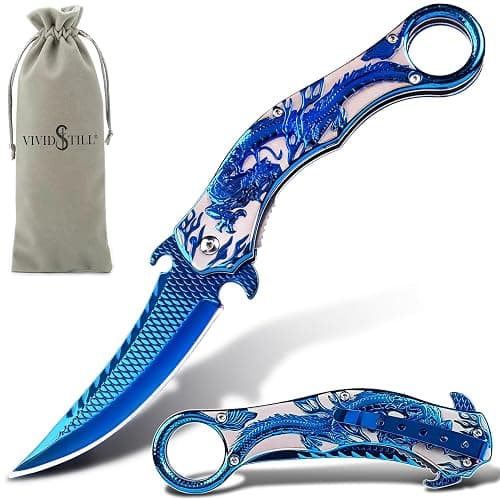 Vividstill Pocket Knife for Men, Cool Folding Knife With 3D Blue Dragon Relief, Great Gift Edc Knife For Men Outdoor Survival Camping Hiking - Image 1