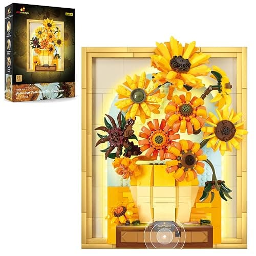 JMBricklayer Flowers Sunflower Building Sets for Adults with Lights 70004, Van Gogh Wall Art Crafts, Plants Painting Frame for Room Home Office Decor, Flower Birthday Gifts Ideas for Women Girls Teens - Image 1
