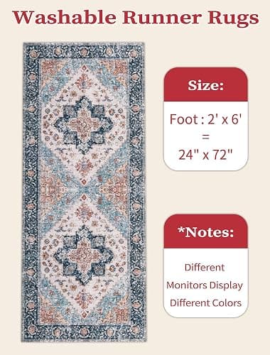 SERISSA 2x6 Washable Non Slip Boho Runner Rug for Hallway，Blue Orange | Ultra Soft Vintage Oriental Carpet Low-Pile Distressed Tribal Floor Carpet for Kitchen Bedroom Bathroom Laundry Living Room thumbnail 2
