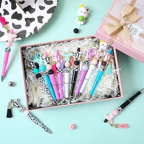 Tinlade 12 Pieces Beadable Pens Bulk with 50 Pcs Assorted Colors Beads Pens DIY Making Kit Multicolor Ballpoint Black Ink for Women Kids Students Office School(Cow Style) thumbnail 2