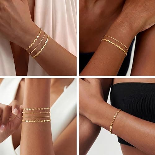 MBW Gold Bracelets for Women Trendy, Dainty 14K Gold Plated Bracelet Stack Beaded Chain Bracelet Set Thin Small Cute Paperclip Bracelets Fashion Waterproof Jewelry Gift Gold Accessories for Women thumbnail 3