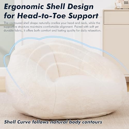 LVHOM 3.28 Feet Bean Bag Chair for Adults, Shell-Shaped Bean Bag Lazy Couch, Faux Fur Cloud Sofa Chair, Lounge Floor Sofa with Filler for Reading, Gaming & Watching, No Assembly Required (Beige) thumbnail 7