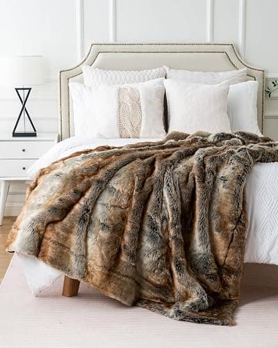 BATTILO HOME Luxury Brown Faux Fur Blanket Thick Warm Elegant Cozy Fuzzy Throw for Couch, Bed, Sofa Fluffy Blankets Decorative Reversible to Plush Velvet, 50"x60" thumbnail 5