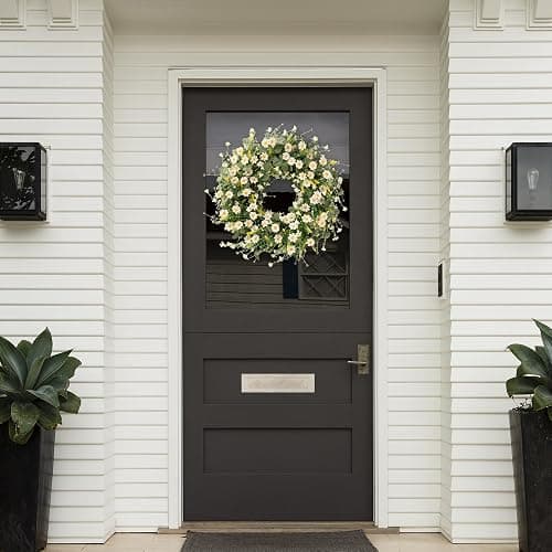 Sggvecsy White Daisy Wreath 24 Inch with Fake Silk Floral Green Eucalyptus Leaves and Lavender for Spring Summer Front Door Window Wall Wedding Farmhouse Festival Decor - White thumbnail 4