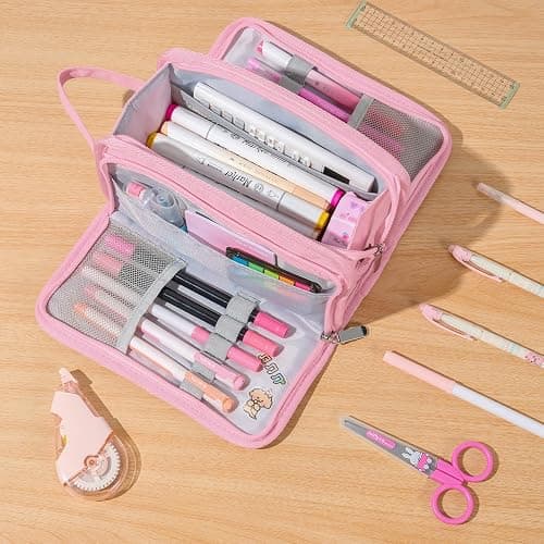 Sooez Large Pencil Case, Big Capacity Pencil Pouch Pen Bag with 3 Compartment, Portable Canvas Stationery Organizer with Zipper, Cute Aesthetic School Supplies for Teen Girls College, Pure Pink thumbnail 2