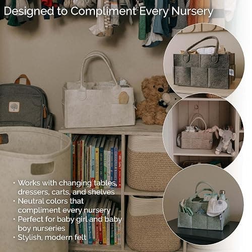 Parker Baby Co. Felt Diaper Caddy Organizer - Large, White | Portable nursery storage bin for diapers, wipes, bottles & baby essentials for home/car. Soft felt, foldable design 13x9x7" thumbnail 5