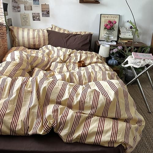 MKXI Queen Size Reddish-Brown & Yellow Striped Duvet Cover Set - 3 Piece Vintage Aesthetic Bedding Set, Cotton, Minimalist Design, Soft & Breathable Duvet Cover with Zipper Ties thumbnail 8