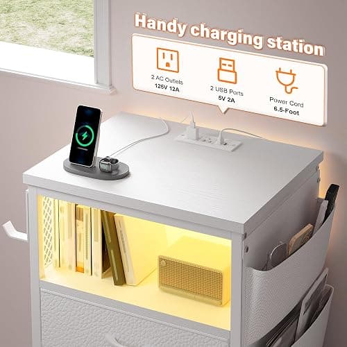 EnHomee Tall Night Stand Set 2 with 5 Drawers, LED Nightstand with Ports & Outlets, White Dresser with Extra Side Bag & Storage Shelf & Hooks, Bedroom, Dorm, Closet thumbnail 5