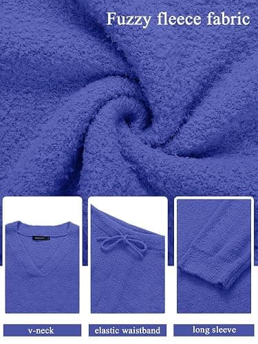 MEROKEETY Women's 2 Piece Outfits Fuzzy Fleece Pajama Set Long Sleeve Top Wide Leg Pants Loungewear thumbnail 5