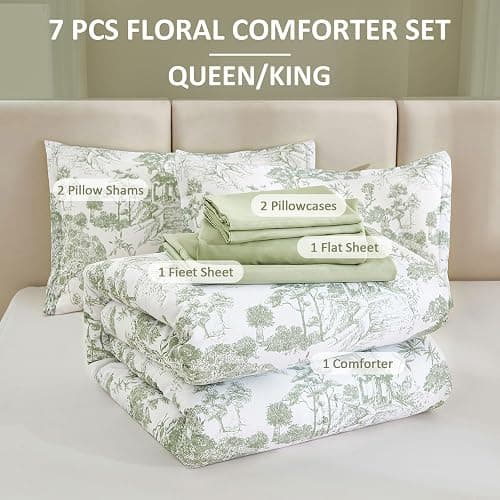 DJY Sage Green Comforter Set King, 7 Pieces Bed in a Bag King Size Botanical Comforters with Sheets Elegant Plants Print Soft Microfiber Reversible Complete Bedding Sets for All Season thumbnail 8