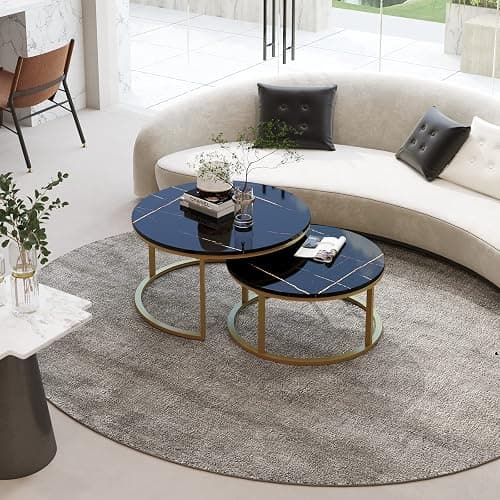 WiberWi Round Coffee Table Nesting Tables Set of 2, Large : Ø 34.0", Small : Ø 26.0", Modern Design Coffee Tables for Living Room, Gold Metal Frame Circle Cocktail Table, High Glossy Faux Black Marble - Black Faux Marble thumbnail 8