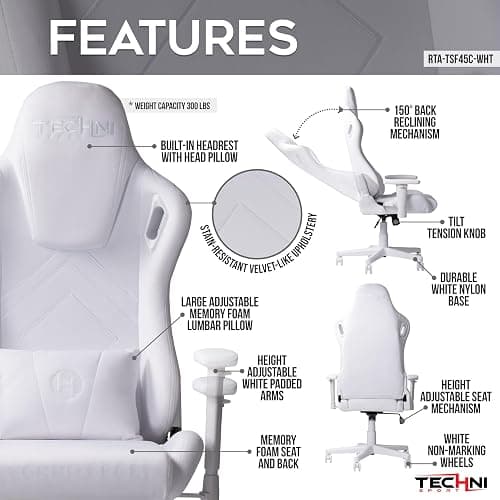 Techni Sport White Velvet Gaming Chair thumbnail 4