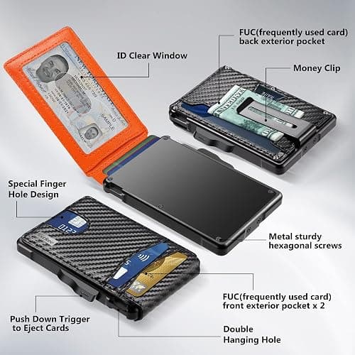umoven Wallet for Men - with Money Clip Slim Leather Slots Credit Card Holder RFID Blocking Bifold Minimalist Wallet (Carbon Black and Orange) thumbnail 3