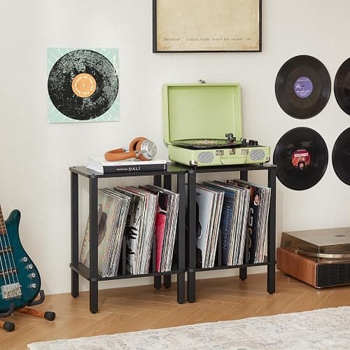 LELELINKY 2-Tier Record Player Stand with Vinyl Record Storage up to 100 Albums, Bedroom Record Holder and Multi-Functional End Table for Living Room, Black thumbnail 2