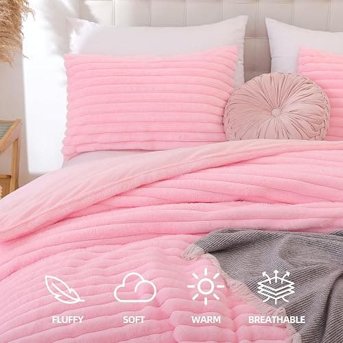 Smoofy Fluffy Queen Comforter Set 3 Pieces - Pink Fleece Fluffy Comforter Set, Luxury Fuzzy Queen Bedding Set, Soft Warm Bed Set All Season, Heavy Faux Fur Comforter with 2 Pillow Cases thumbnail 2