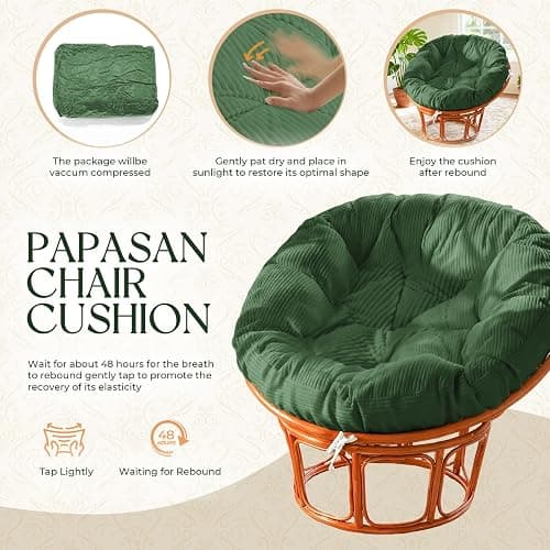 Tycdiose Indoor Papasan Chair Cushion with Corduroy Cover (Without Chair), Papasan Cushion with Hidden Zipper & Straps, 48 x 48 x7.8 Inch Round Papasan Supportive Cushion, Green thumbnail 5