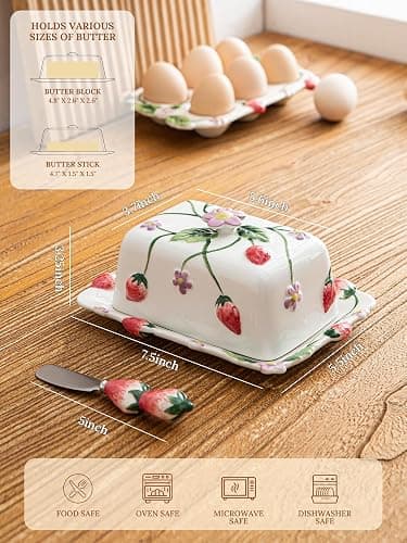 Ceramoira Cottage Strawberry Butter Dish w/ Lid & Knife, Artisanal Handmade | Large Butter Holder for Countertop, Ceramic Covered Butter Tray w/ Spreader, Fits 2 Sticks, Embossed Country Farmhouse Decor thumbnail 3