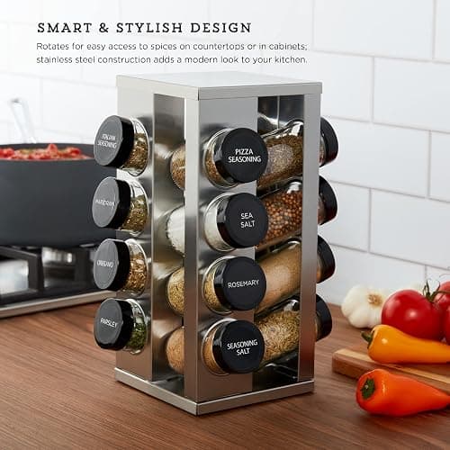 Kamenstein 16 Jar Heritage Revolving Countertop Spice Rack Organizer with Spices Included, FREE Spice Refills for 5 years, Brushed Stainless Steel with Black Caps | Revolving, Organizer, with Spices Included, with Black Caps thumbnail 3