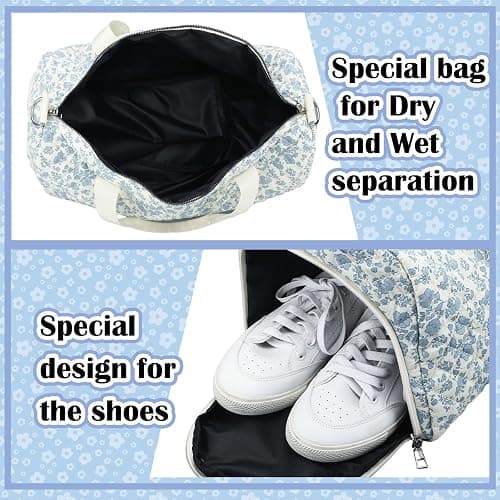 Dansydaisy Blue Floral Quilted Duffle Bag for Women Cotton Large Floral Travel Duffle Dance Bag with Adjustable Carry Strap and Handy Pouch Backpack for Dancers Travel thumbnail 4