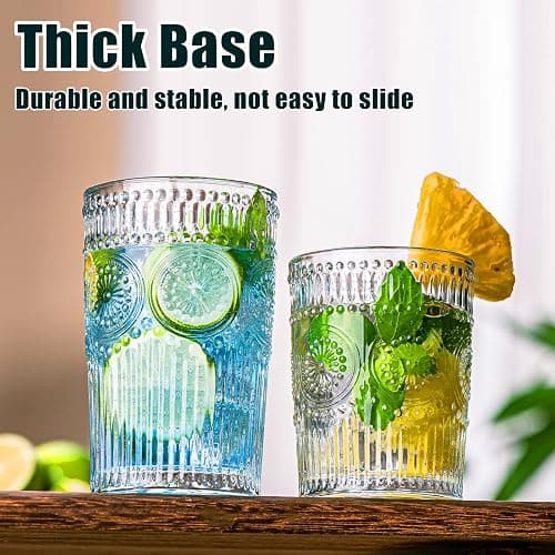 wookgreat Vintage Drinking Glasses Set of 12, Textured Clear Striped Glass Cups-6 Highball Glasses 13oz & 6 Rocks Glasses 10oz, Ribbed Glassware Set, Mojito Cups, Cocktail Glass, Iced Coffee Cup thumbnail 3