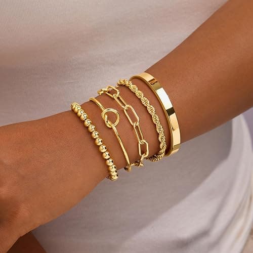 Gokeey Gold Bracelets Set for Women Non Tarnish, Waterproof 14K Gold Plated Sterling Silver Chunky Cuff Bracelet Stackable Gold Bangles Bracelet for Women Trendy Fashion Accessories Tie Knot Cuban Rope Paperclip Beaded Bracelet Stack Jewelry Mothers Day Gifts for Mom Birthday thumbnail 3