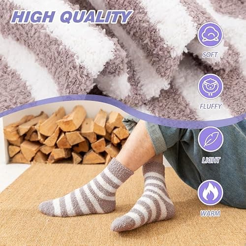 KIKAWORD Cozy Soft Fluffy Slipper Socks for Men and Women,8 Pairs Plush Slipper Sock,Winter Sleeping Warm Sock,Cozy Fuzzy Sleep Bed Thermal Stripe Soft Warm Socks thumbnail 4