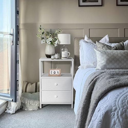 BOLUO White Nightstand with Charging Station, LED Night Stand with 2 Fabric Drawers, Bedside Table with USB Ports and Outlets, Nightstand for Bedroom Modern thumbnail 2