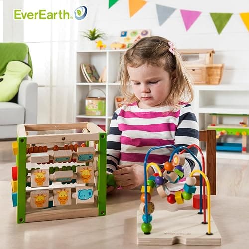 EverEarth Wooden Activity Cube with Bead Maze, 5 in 1 Activity Center, Educational Learning Montessori Toys for Toddlers for Kids 1+, FSC Certified thumbnail 2