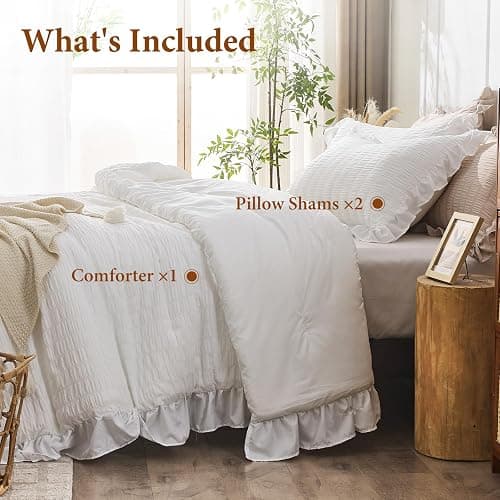 JOLLYVOGUE Oversized Queen Comforter Set, 3 Pieces White Seersucker Comforters, Lightweight & Fluffy Bedding Sets for All Season with 1 Ruffle Comforter and 2 Ruffle Pillowshams thumbnail 7