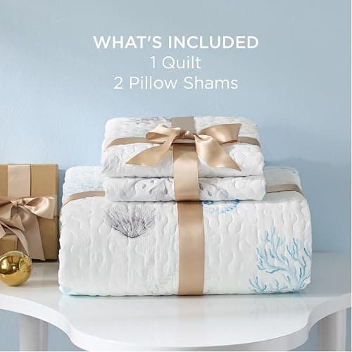 Bedsure Coastal Bedding Quilts Queen Size - Lightweight Summer Comforter Queen Size, Reversible Beach Bedding Nautical Bedspread, Soft Microfiber Blue & White Coverlet for All-Season(90"x96") thumbnail 6