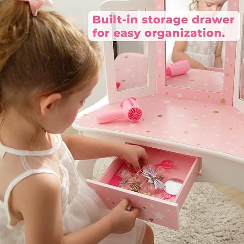 Teamson Kids Princess Gisele Twinkle Star Print 2-Piece Kids Wooden Play Vanity Set with Vanity Table, Tri-Fold Mirror, Storage Drawer, and Matching Stool, White with Pink and Gold Star Accent thumbnail 5