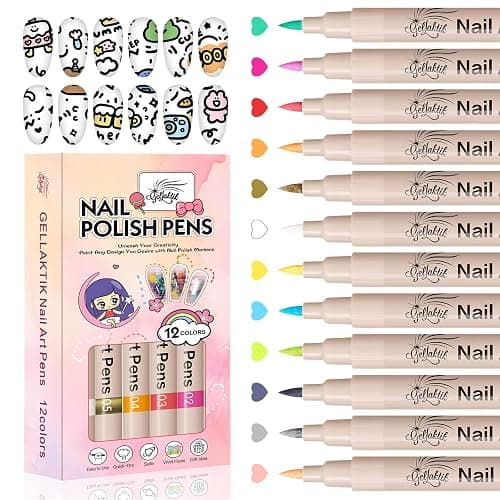 GELLAKTIK 12 Colors Nail Art Pens Set, 3D Nail Color Pens, Quick-Drying Acrylic Paint Markers, Dotting Liner Brush for DIY Nail Design, Home & Salon Manicure Tools - Image 1