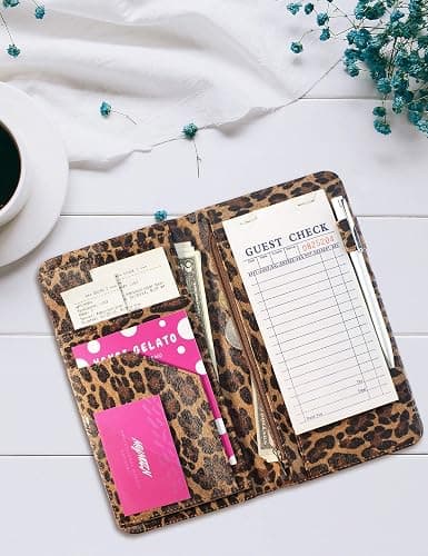 Server Book for Waitress Book with Zipper Pocket, 5x9 Leopard Magnetic Closure Server Wallet with Money Pocket and Zipper Pouch, Restaurant Waitstaff Organizer Fit Server Apron thumbnail 7