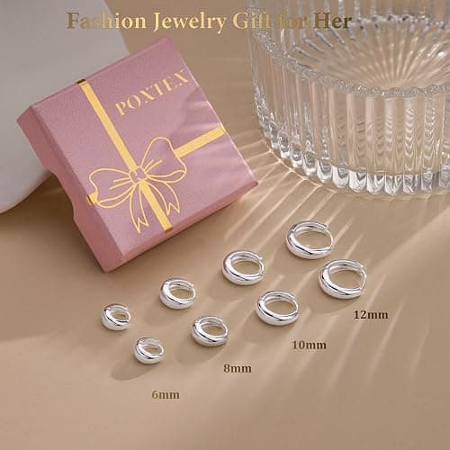Poxtex Thick Silver Chunky Huggie Hoop Earrings for Women, Hypoallergenic Small Sterling Silver Cartilage Hoops Stacks, 14K Gold Plated Lightweight Dainty Jewelry Set for Multiple Piercings 6/8/10/12mm thumbnail 9