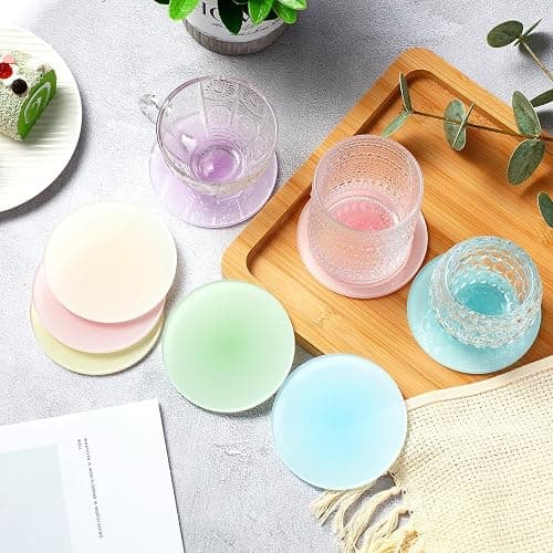 Irenare 8 Pieces Colorful Acrylic Coaster 3.9 Inches Cute Coasters Round Heat Resistant Holder Anti Slip Table Aesthetic for Coffee Table Home Decoration Gift(Rainbow Pastels Color) thumbnail 2