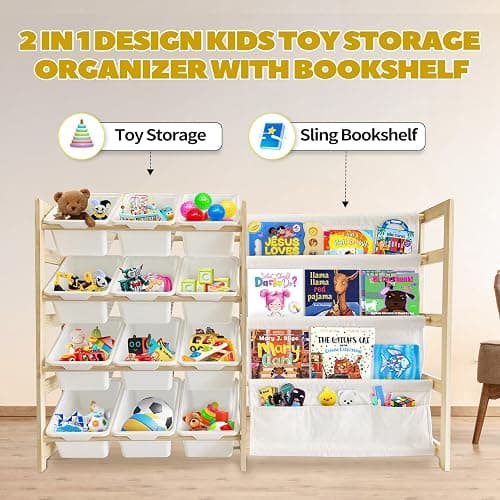 EXPERLAM Toy Storage Organizer with Bookshelf - 12 Storage Bins 4-Tier Multipurpose Shelf to Organize Toys and Books for Kids Room, Playroom, Nursery Room, White - White thumbnail 7