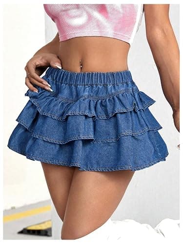 BEAUDRM Women's Y2K Solid Ruffle Denim Skirt Drop Low Waist A Line Jean Skirt Casual Tiered Layer Hem Tiered Mini Skirt thumbnail 4