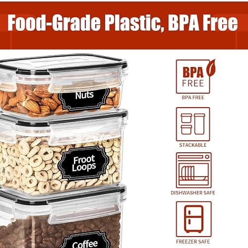 PRAKI 30 Pack Airtight Food Storage Containers for Kitchen Pantry Organizers and Storage, BPA-Free, Plastic Storage Canisters with Lids-Cereal, Flour and Sugar, Include 40 Labels, 6 Spoon & Marker | Plastic Cereal Storage Containers for Flour, Sugar, Dry Food Storage, Include 40 Labels, 6 Spoon & Marker, Black thumbnail 4