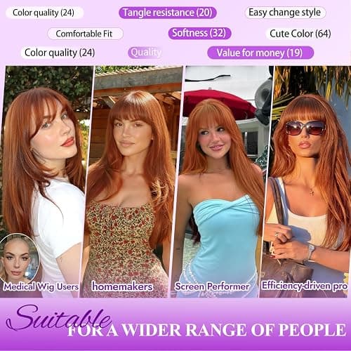 Eawwii Long Ginger Wig with Bangs for Women,4x4 Realistic Scalp, Free Parting,Layered Hairstyle Synthetic Heat Resistant for Daily Party Use 26 inch thumbnail 4