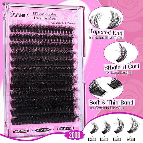 Yawamica Fluffy Lash Clusters Thick 200D Volume Eyelash Clusters 14-20mm Wispy Individual Lashes D Curly Cluster Eyelash Extensions 240pcs DIY Lash Extension for Beginners thumbnail 4
