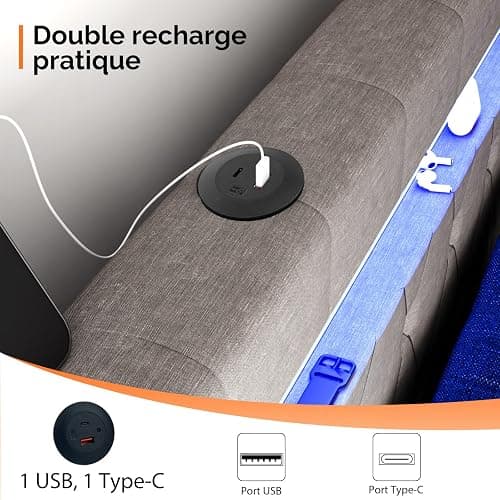 Bonnlo Lit 140 x 190 avec Sommier, Lit 2 Personnes Flottant avec Éclairage LED et Ports USB/Type-C, Tête de Lit Tapissée avec Rangement, Structure Stable en Métal, Tissu en Lin Gris thumbnail 3